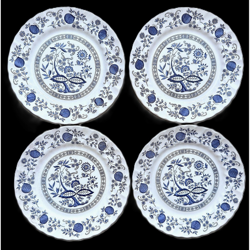 1980s Myott Meakin Blue White Onion Nordic Set of 4 Dinner Plates 9-7/8" England